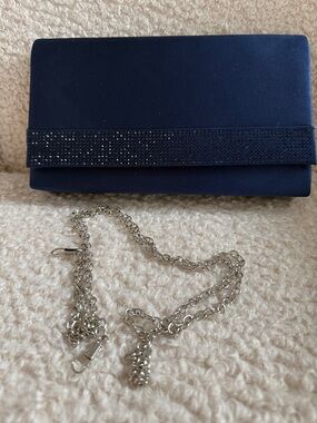 Elegant Navy Satin Clutch with Rhinestone Detail